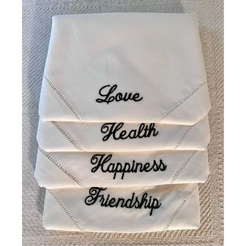 Set of 4 Hemstitched Linen Black Embroidered Hand Towels/Napkins